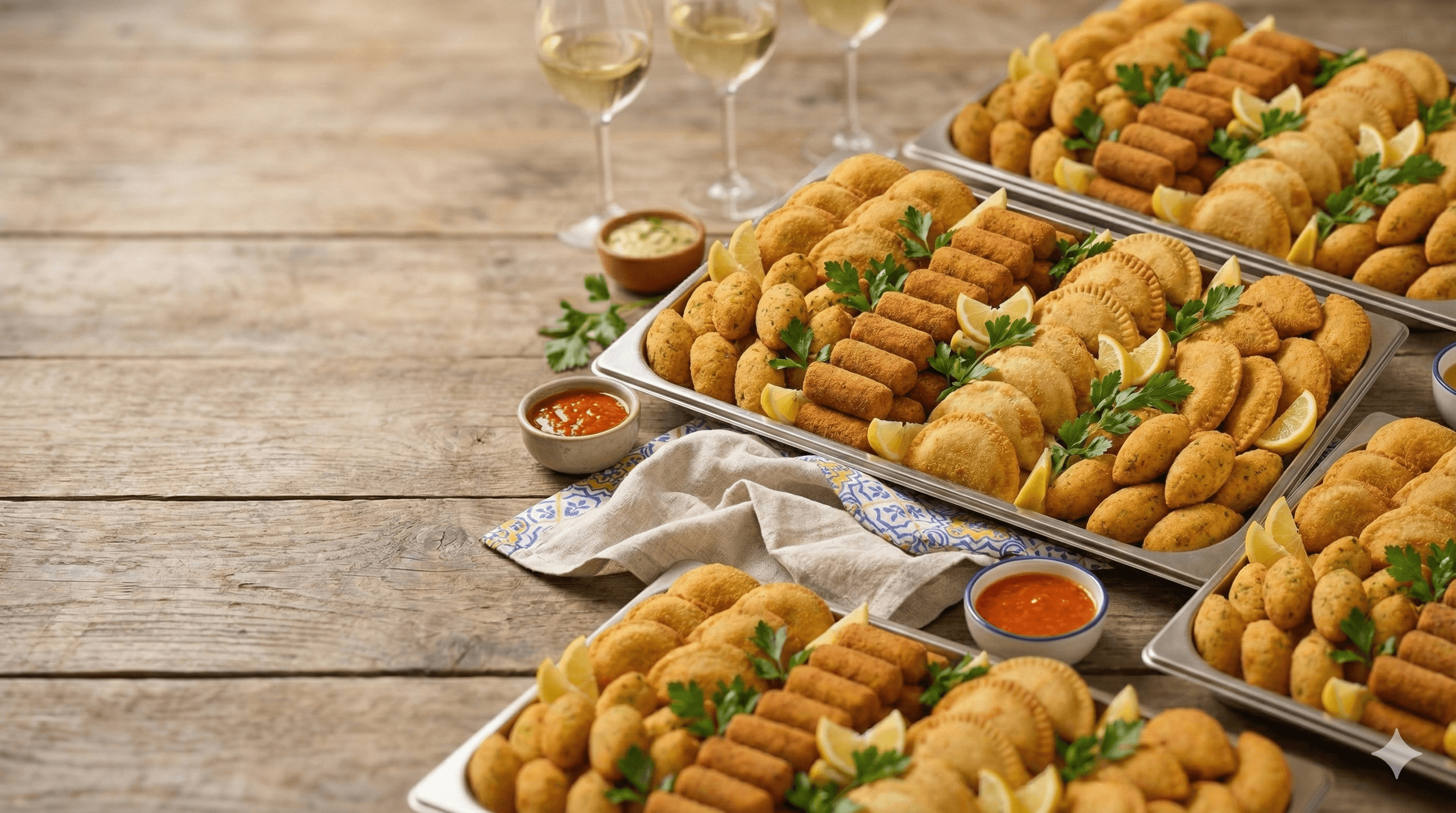 Three large trays of Portuguese rissóis, croquetes and pastéis set out on a rustic wooden table with dipping sauces and azulejo-pattern cloths.