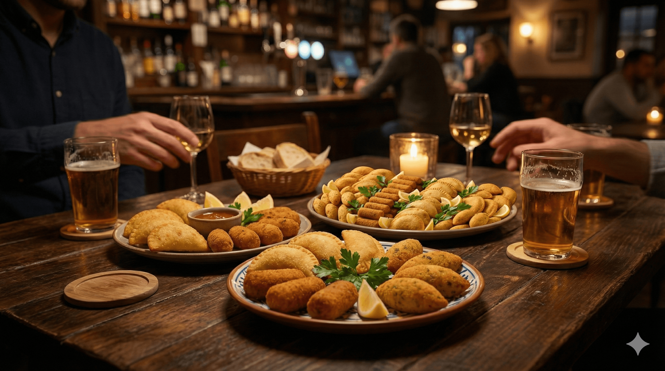 Plates of Portuguese savoury snacks on a wooden pub table, surrounded by glasses of beer and wine with people chatting in the background.