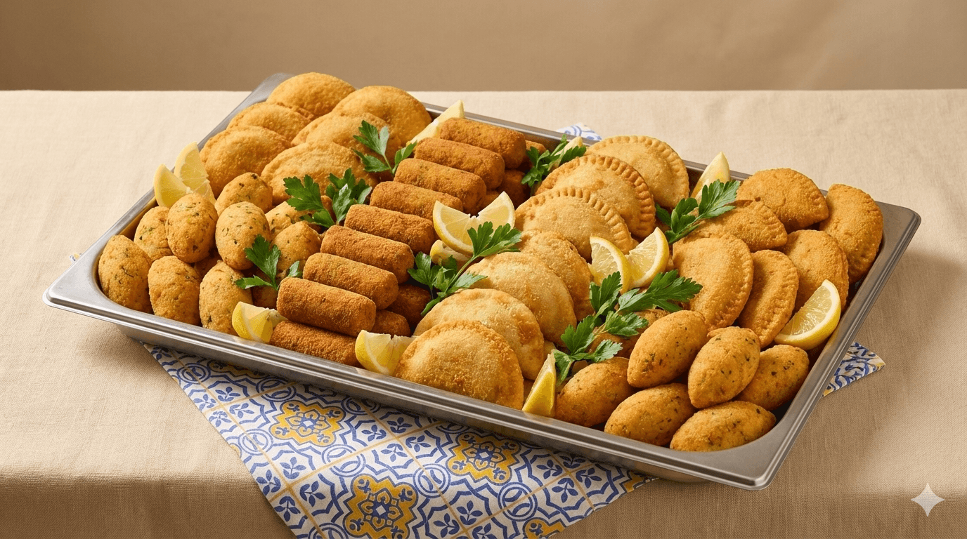Large catering tray overflowing with assorted Portuguese savoury snacks, garnished with lemon wedges and parsley, on top of an azulejo-pattern napkin.