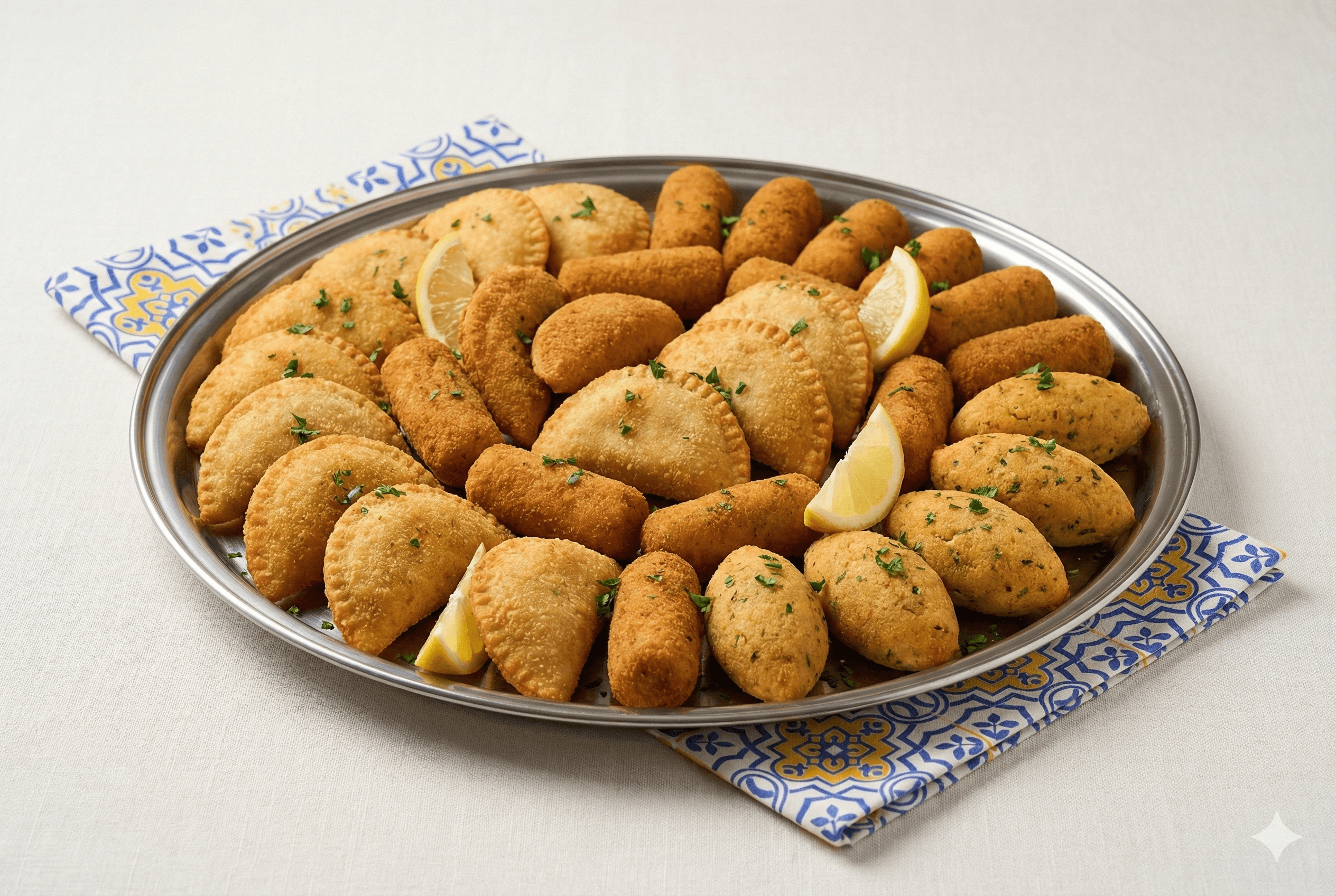 Silver platter filled with mixed Portuguese snacks – rissóis, croquetes and pastéis de bacalhau – on a blue-and-yellow azulejo napkin.