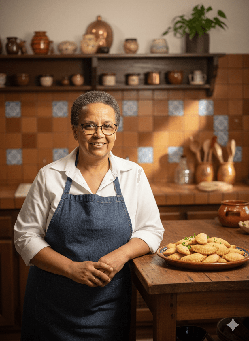 Maria filling and folding rissóis by hand at a wooden kitchen table