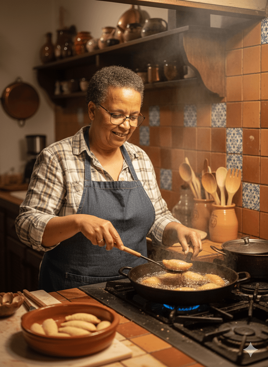 Maria frying rissóis in a pan in her home kitchen