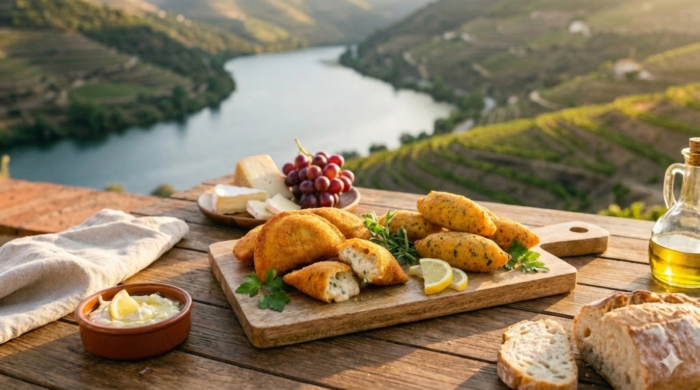 Plate of rissóis, grapes and bread on a rustic table overlooking the Douro valley
