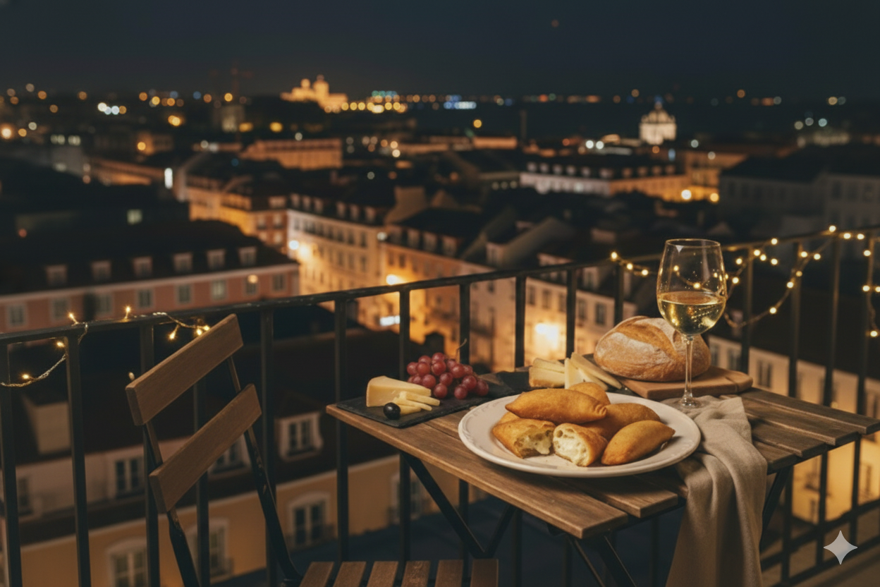 Rissóis and wine on a balcony table with Lisbon city lights at night